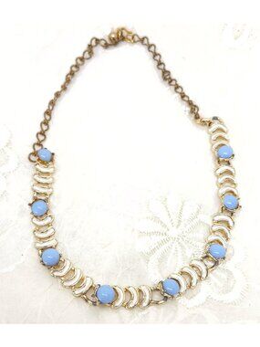 Vintage Silver-Tone Chain Necklace With Blue Cabochon Accents - 18 Inches Adjust
